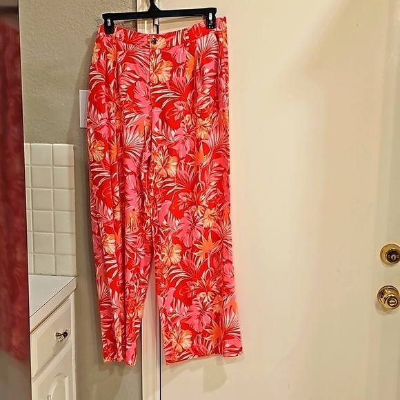 NWT Marc New York Linen Pull on Pant Elastic Waist Wide Leg Red Palm. Large - Picture 11 of 14